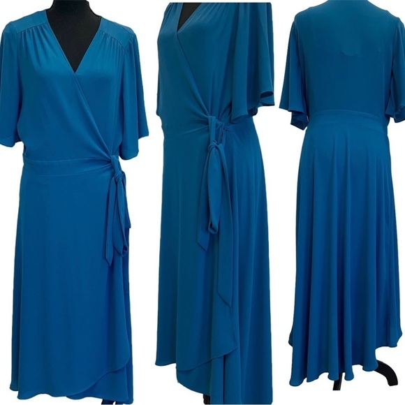 Whbm blue short sleeve wrap midi dress Sz L - Picture 1 of 13